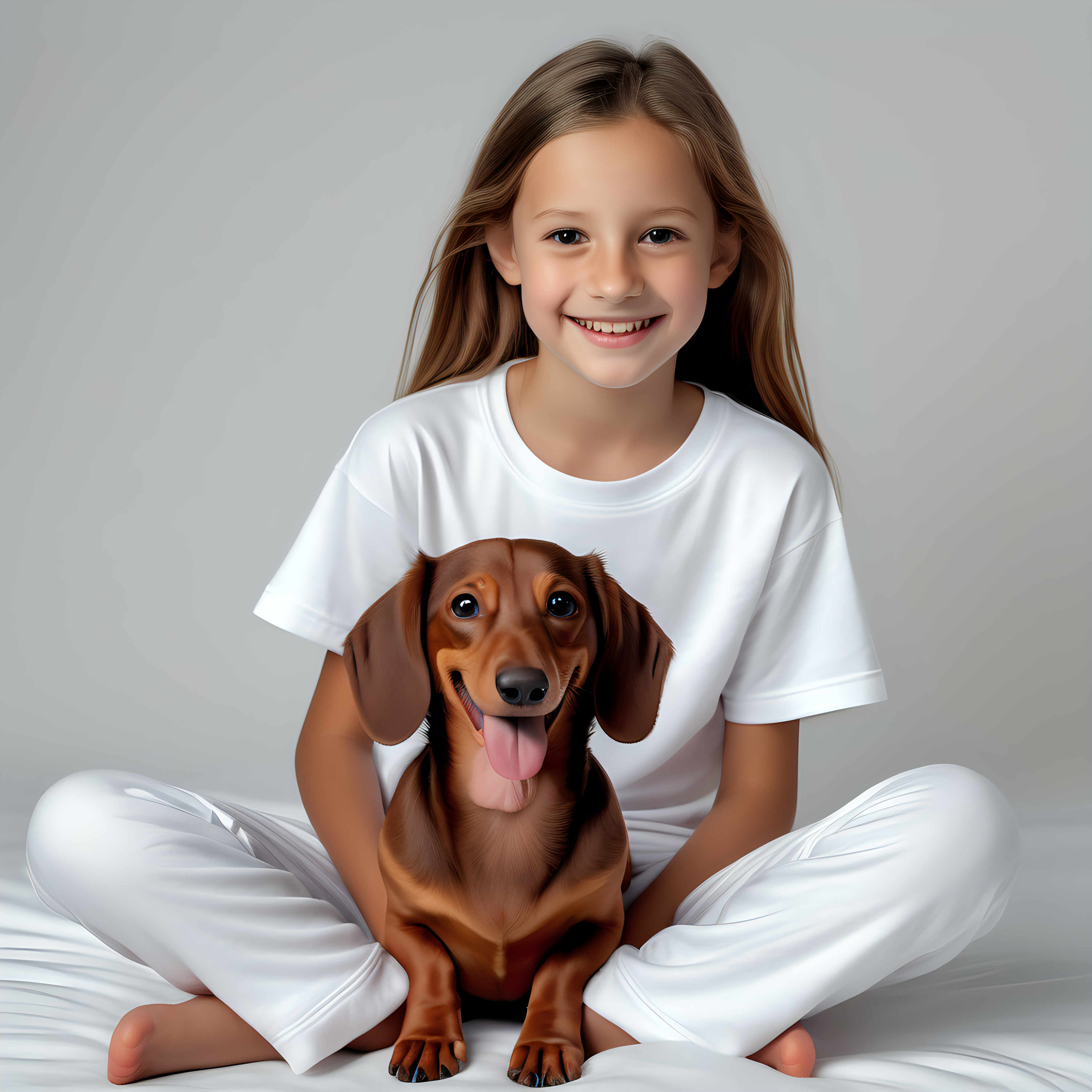 “Perfect Facial Features photo of a smiling 10 year old girl sitting  in  white cotton tshirt pyjama with no print, long  tight cuff sleeves, loose long pants) ,surrounded by wienerdogs, no background, hyper realistic, ideal face template, HD, happy, Fujifilm X-T3, 1/1250sec at f/2.8, ISO 160, 84mm”