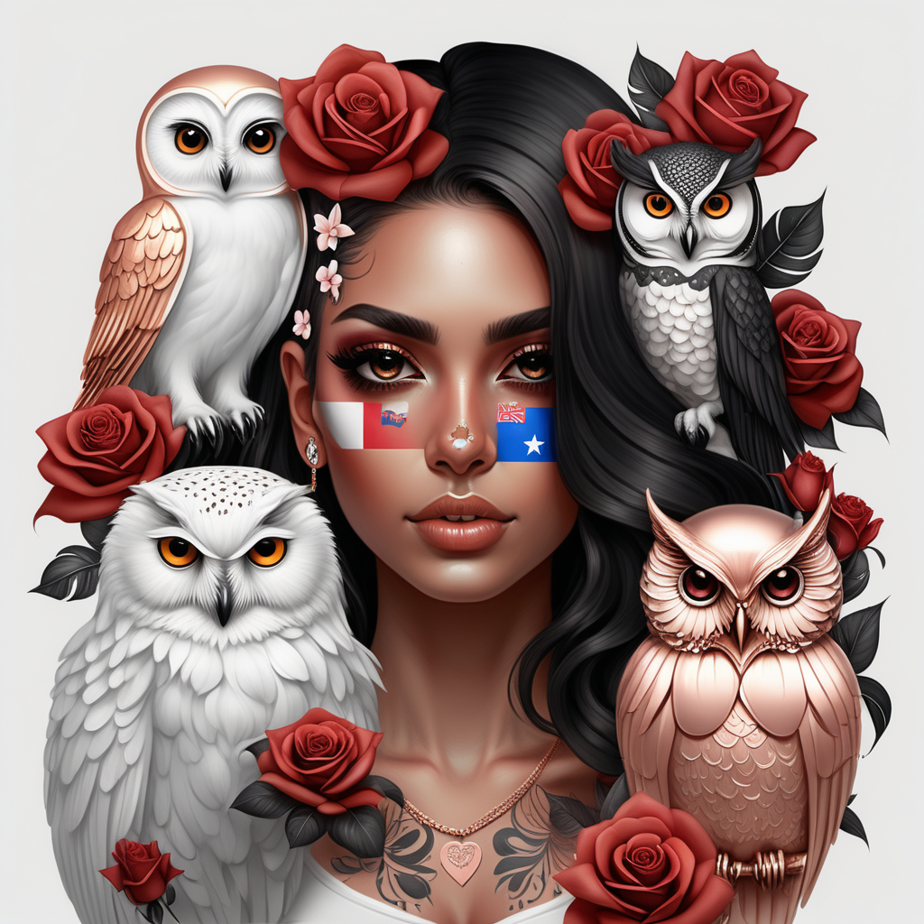exotic 3 different 
women with black, white and Hispanic skin with floating crystal balls in rose gold wearing a Dominican flag looking at a white owl with love she has tattoos and soft color flowers in there hair exotic 3 women with black, white and Hispanic skin with floating crystal balls in rose gold wearing a puerto rican flag looking at a white owl with love she has tattoos and soft color flowers in there hair
