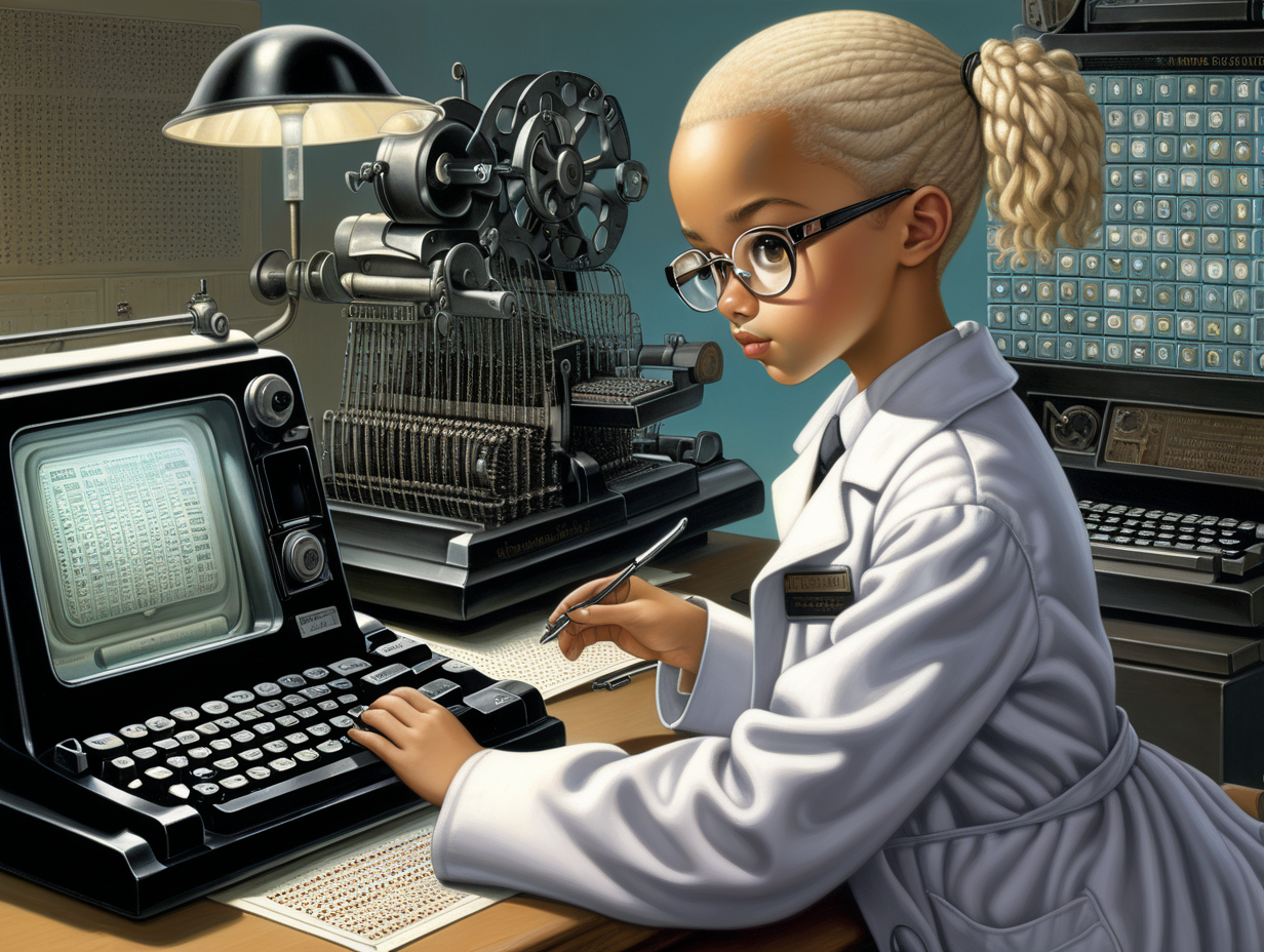 SHAVED head, beach blond ,mixed race girl,  wearing large futuristic black-rimmed circular glasses, 8 years old. She's wearing a lab coat closely examining punch cards of an old weaving machine. In the mid-ground of the image, there are three objects under glass on pedestals, a typewriter,  the first apple macintosh computer, and the first cell phone invented. In the background is a wall filled with examples of the first computers. 