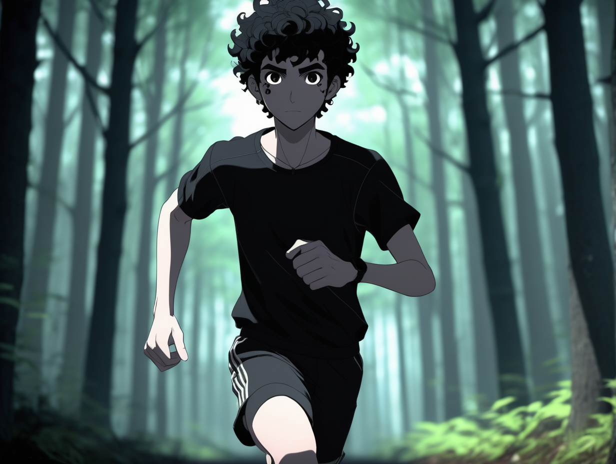 3d, anime, male, running in the forest, dark shadow figure in the background, front view, short black curly hair, black gauge earrings, thick black eyebrows, black eyes, emo, forest low light