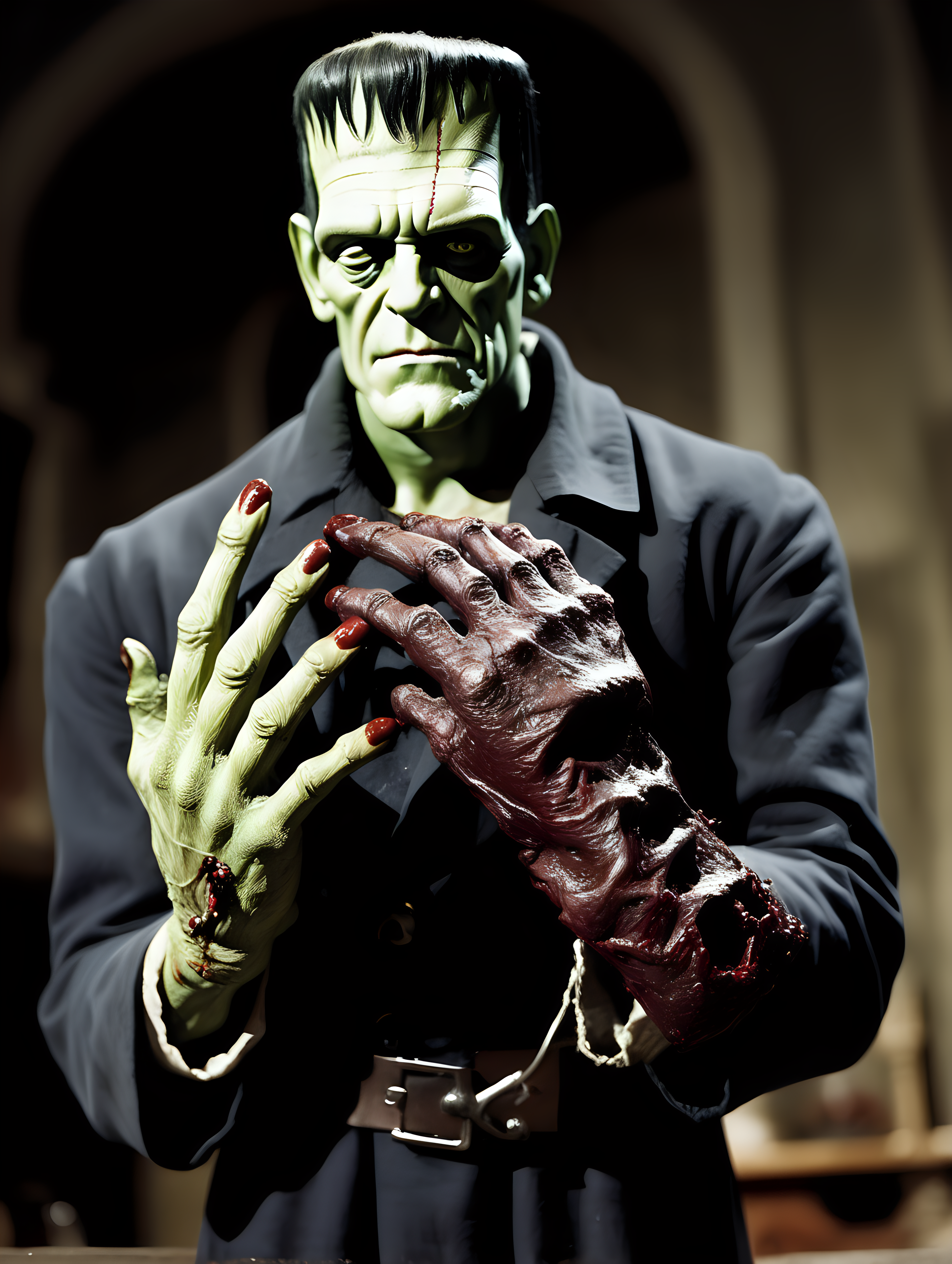 Frankenstein holds a severed human hand