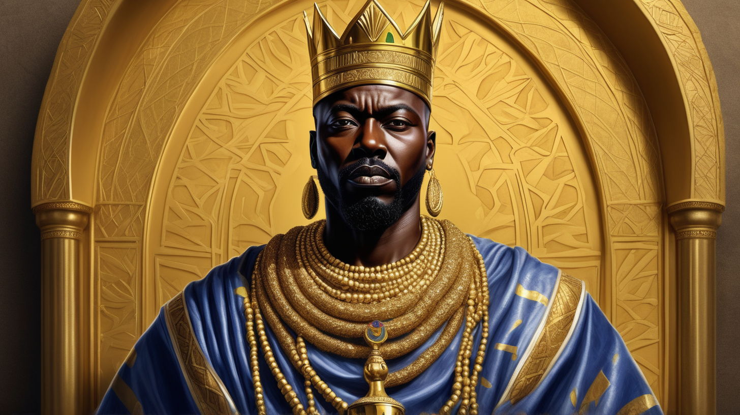 Visualize Emperor Mansa Musa, the esteemed ruler of the Mali Empire, standing in regal dignity. He is portrayed wearing an opulent royal outfit, richly adorned. Mansa Musa is holding a magnificent gold scepter, symbolizing his authority and wealth. He is also adorned with elaborate gold necklaces and a matching gold earring, each piece intricately designed and reflecting the light. The focus is solely on him, capturing his commanding presence and the richness of his attire. The background should be minimalistic, ensuring that Mansa Musa is the central figure, exuding power, wealth, and historical significance.