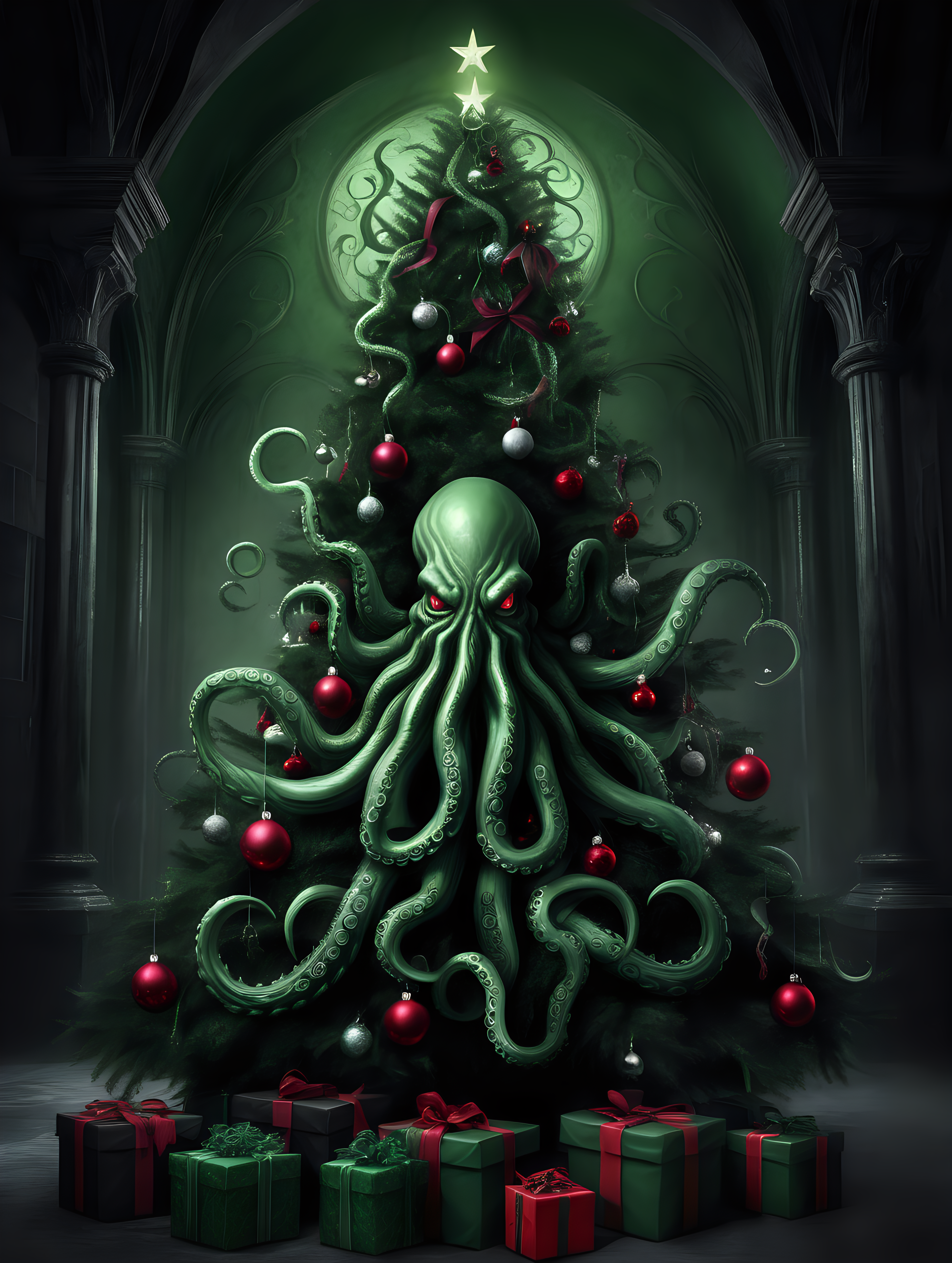 Gothic Christmas tree with Cthulhu’s tentacles reaching through it. Must be dark and gothic with eldritch themes. Presents under the tree must also be dark and gothic in a variety of shapes and dark colours. The background must feel sinister and creepy. The tentacles should be dark green. Make it very eldritch 