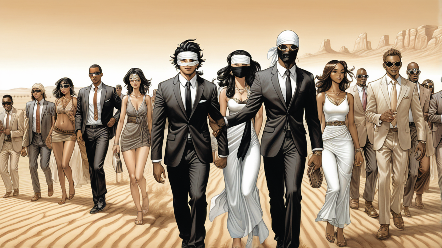 a blindfolded  man with a smile leading a group of gorgeous and ethereal white and black mixed men & women with earthy skin, walking in a desert with his colleagues, in full American suit, followed by a group of people in the art style of IN-HYUK LEE comic book drawing, illustration, rule of thirds