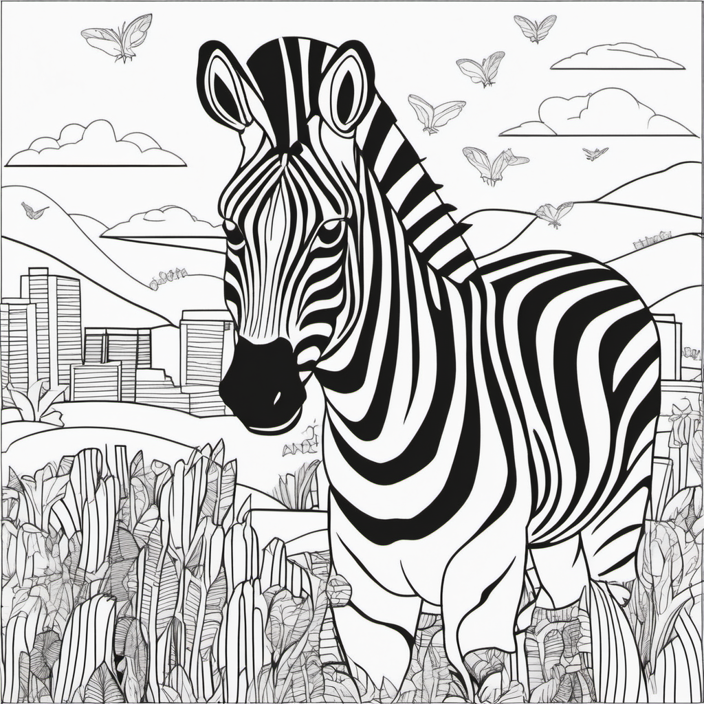 /Imagine colouring page for kids, Zebra by the Aeroplan ,  Thick Lines, low details, no shading --ar 9:11