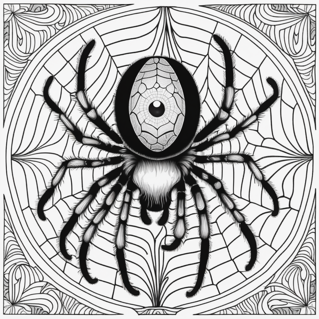 adult coloring book, black & white, clear lines, detailed, symmetrical brain eyeball tarantula