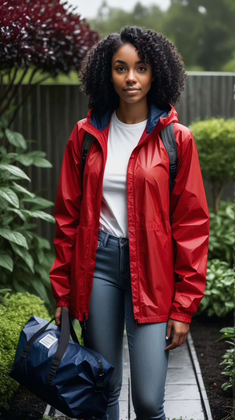 Pretty Black woman with curly, black hair, red, packable, hooded, quarter zip, rain jacket, wearing a white, tee shirt,  wearing navy denim, carrying a black, duffle bag, standing near a garden, 4k, high definition, 1080p resolution