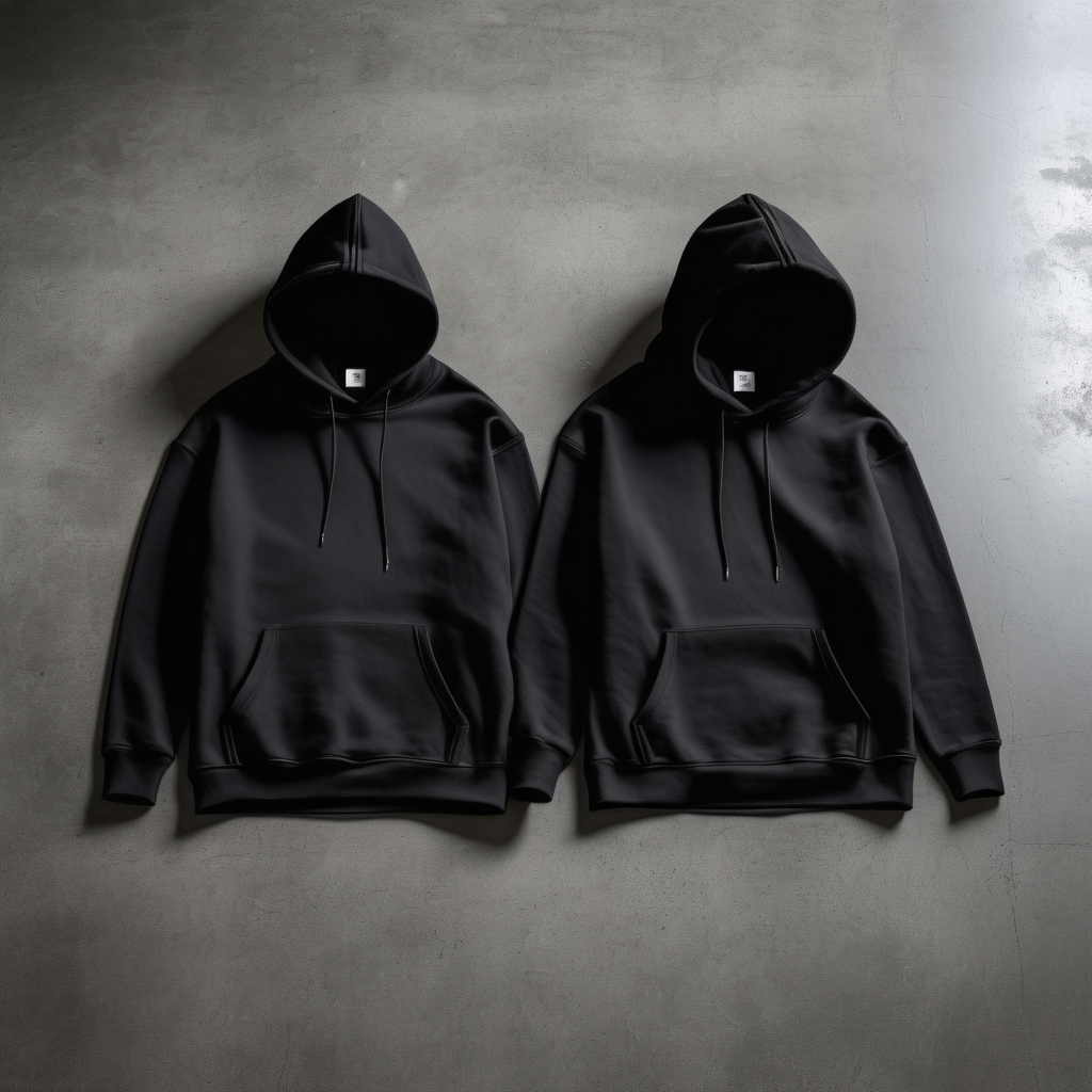 front side of 2 black hoodies on concrete