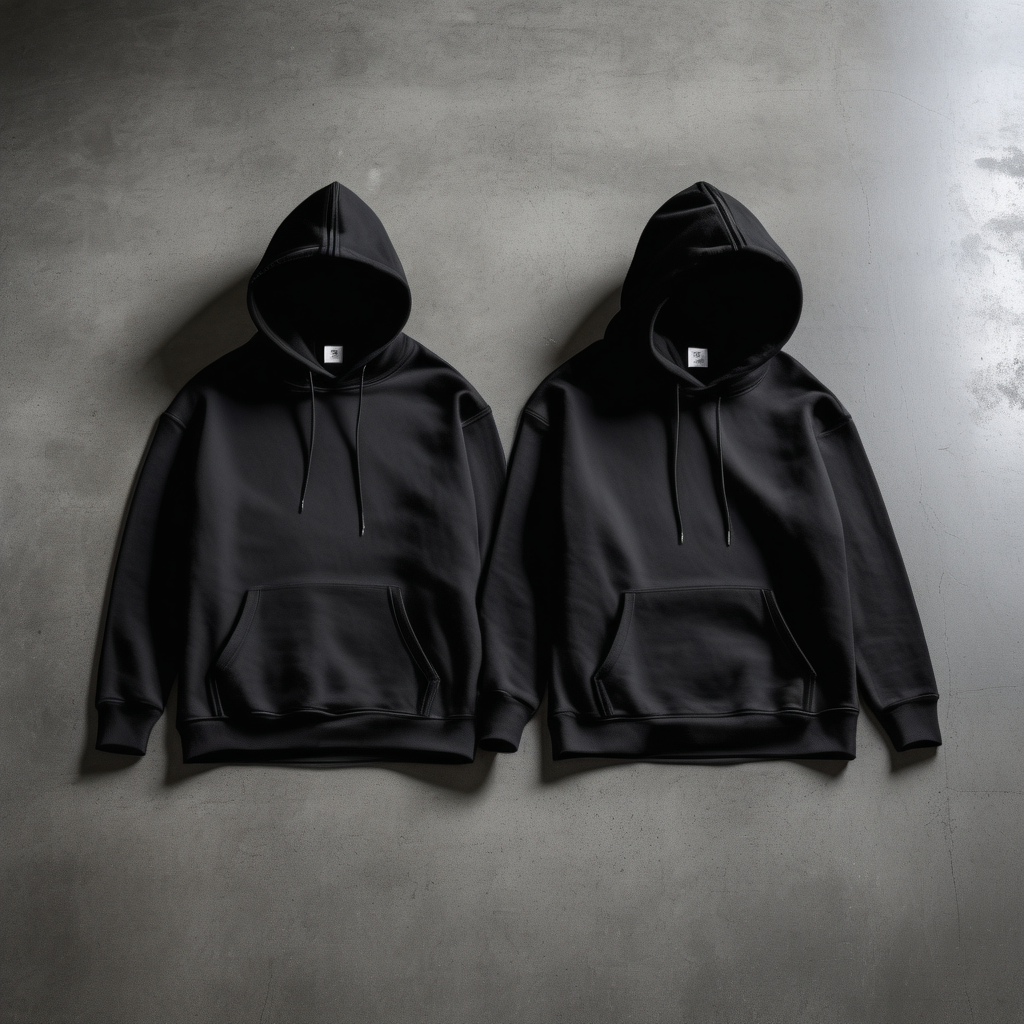 front side of 2 black hoodies on concrete floor