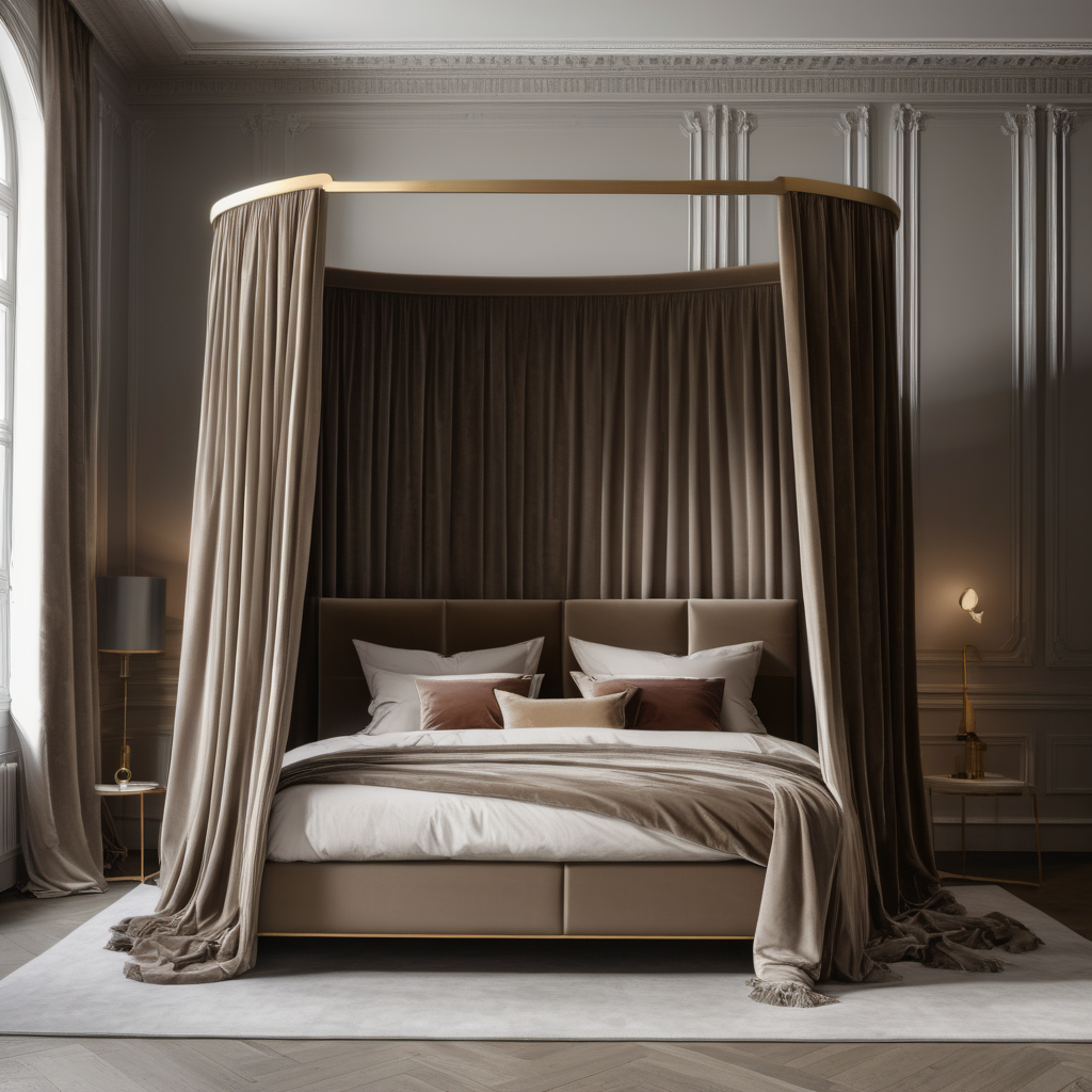 a hyperrealistic image of a velvet modern Parisian  king bed with canopy in taupe, oak and brass 
