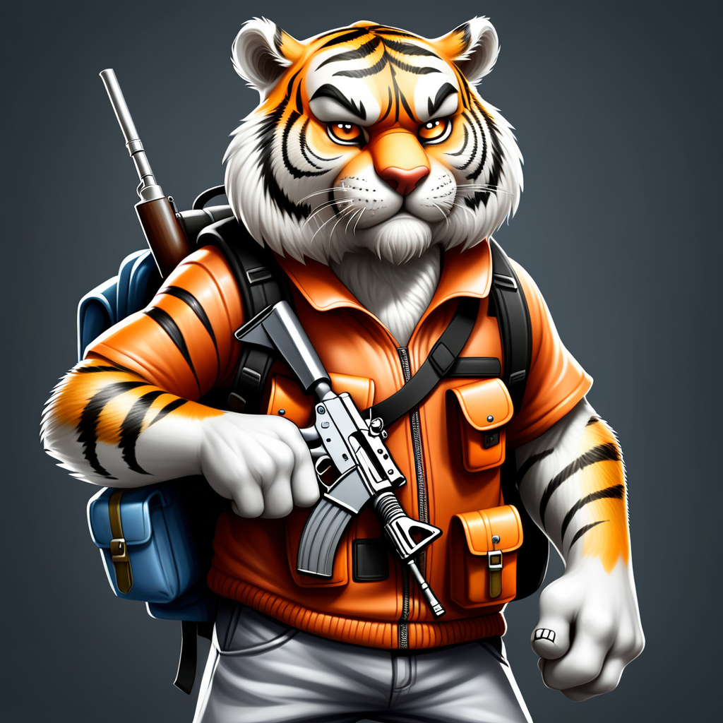 draw a street gangster siberian tiger wearing a backpack while holding an ak 47