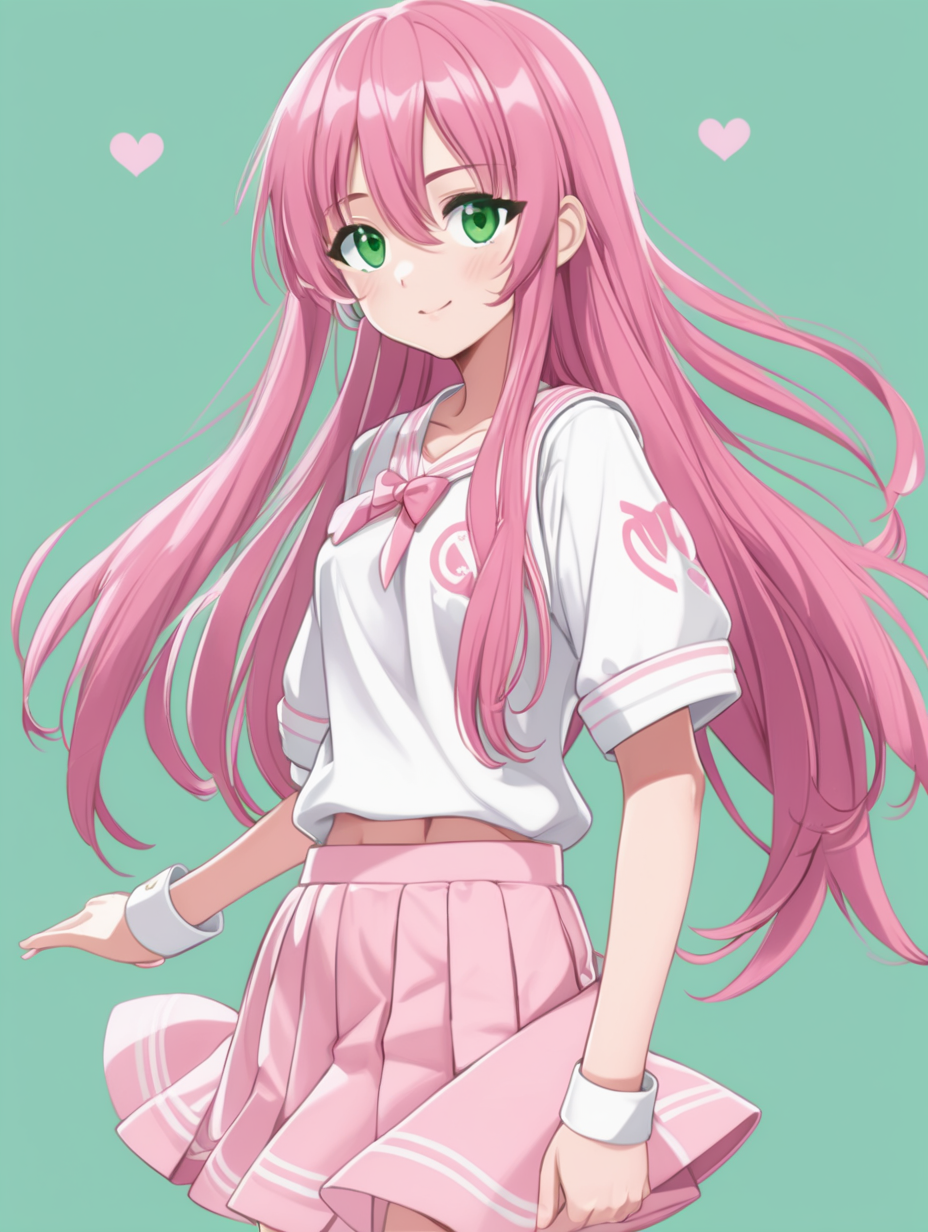 cute female young 18 yrs old anime character pink long hair big beautiful green eyes, fully body in white and pink outfit staring at the camera happy and cheeky standing straight with skirt