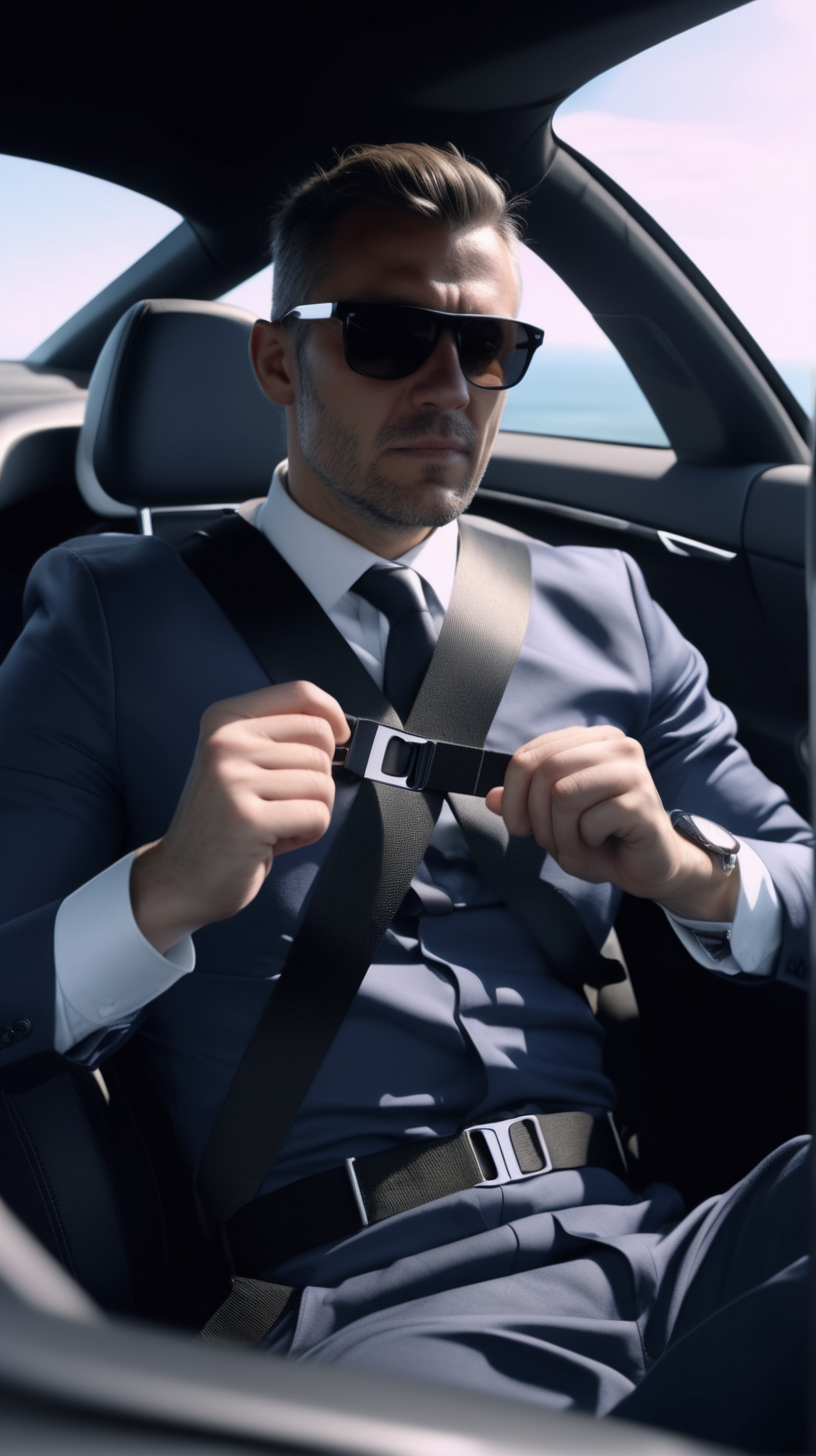 man putting his seat belt on in his super car with sunglasses on 4k