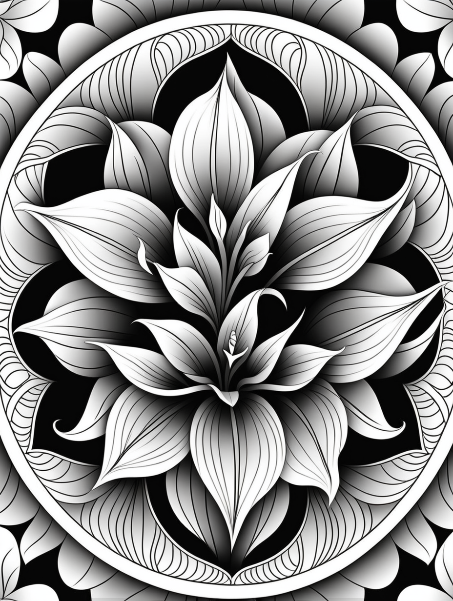 canna lily
 inspired mandala pattern, black and white, fit to page, children's coloring book, coloring book page, clean line art, line art