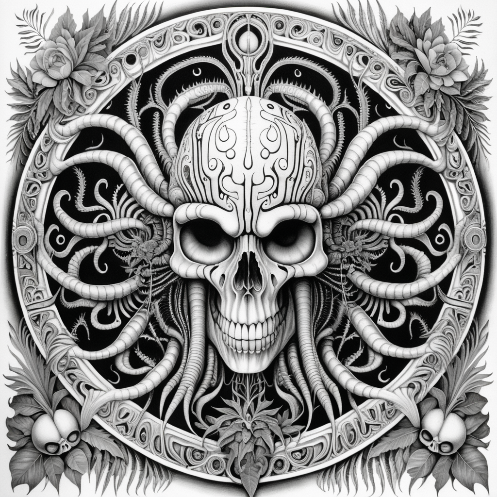 black & white, coloring page, high details, symmetrical mandala, strong lines, plants growing out of skull with many eyes in style of H.R Giger