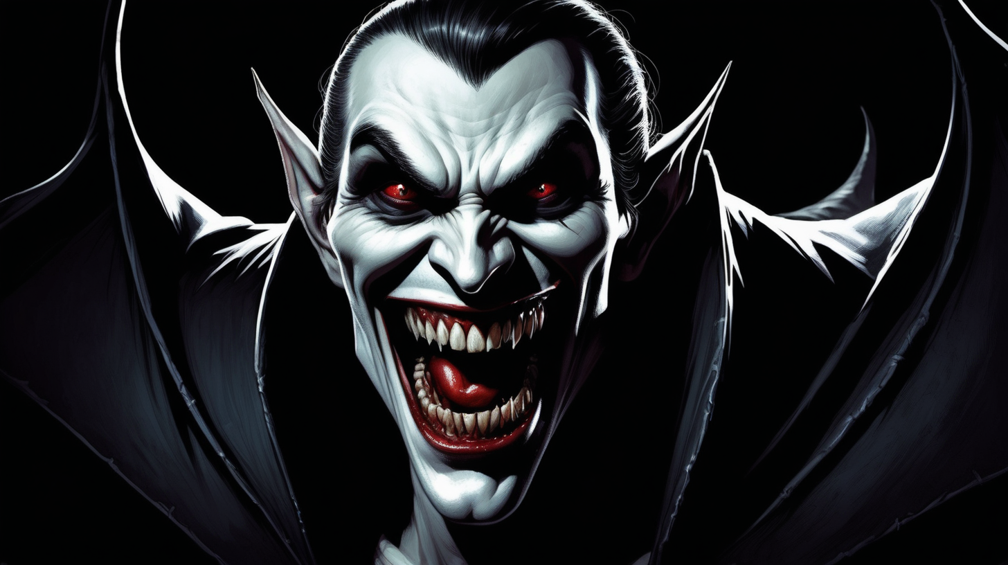A wicked vampire's face with prominent fangs, grinning evilly, in the foreground, against a black background.