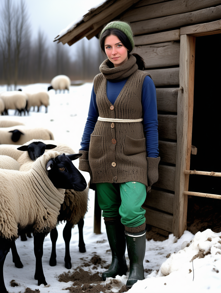 A hot russian girl black-haired  with green eyes works in a sheep farm. Darkness, cold and lots of snow and deep mud. A wooden hut, a cowshed. She works in front of them and feeds the sheeps. She is wearing short  to ankle black rubber boots with hand-knitted muddy woolen socks sticking out of them and knitted gaiters. He wears work black  spandex leggings, stained with mud. She is wearing a thick knitted white woolen long-sleeved brown chunky sweater - torn and muddy. On top of it, she wore a Turkish dark blue knitted vest with buttons and side pockets. On top of all this is a sleeveless quilt in a black color with mud stains on it. There are knitted gloves, a knitted hat in white and gray. She wrapped a hemp rope around her waist . He works with the animals and feed them.