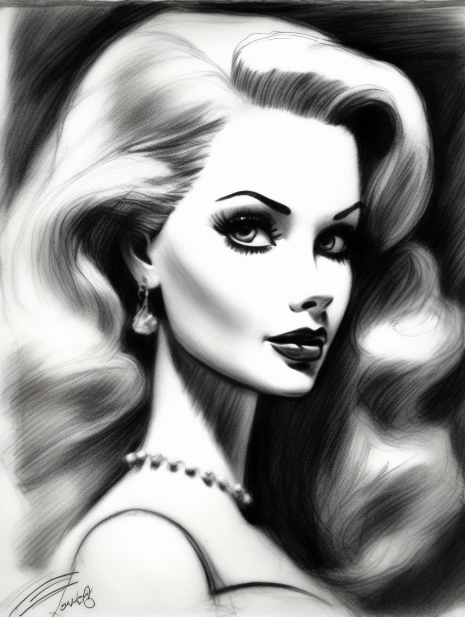 ROUGH ARTISTIC PORTRAIT SKETCH OF A CLASSIC BARBIE DOLL. FILM NOIR-STYLE. HAND-SKETCHED. CHARCOAL, GRAPHITE AND LEAD PENCIL. 