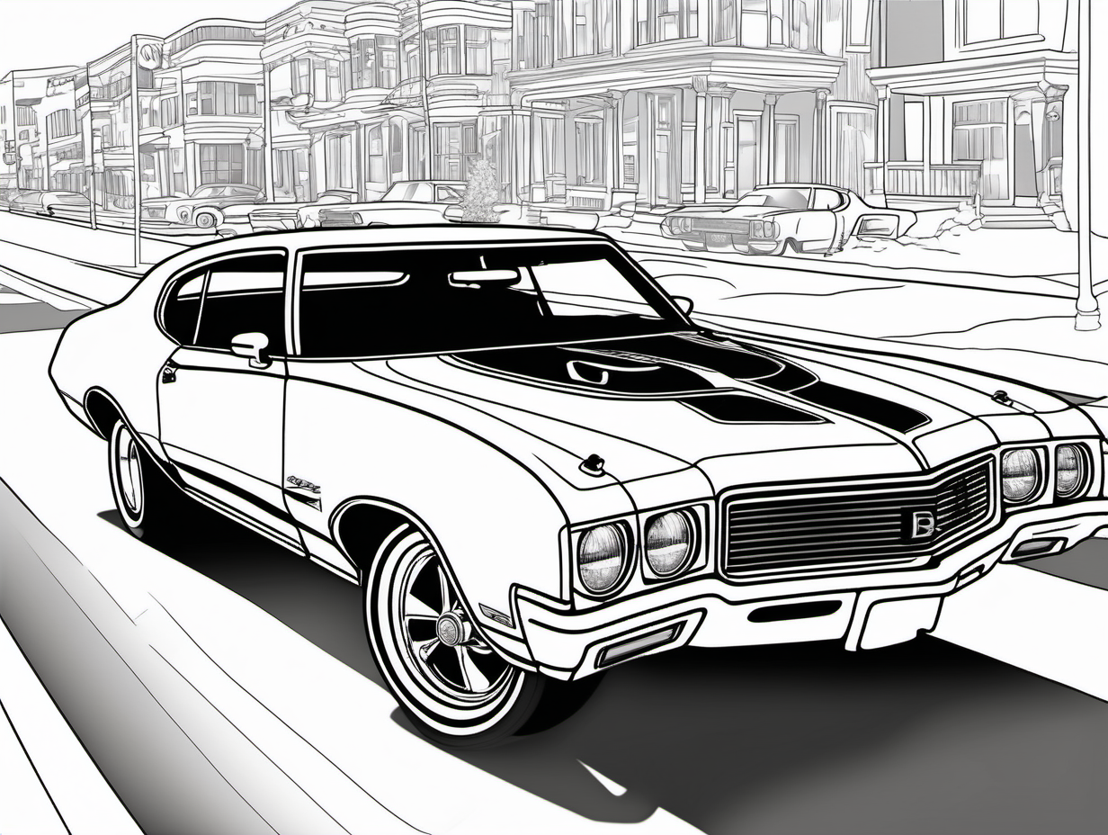 coloring page, classic American automobile,1970 Buick GSX, clean line art, no shade