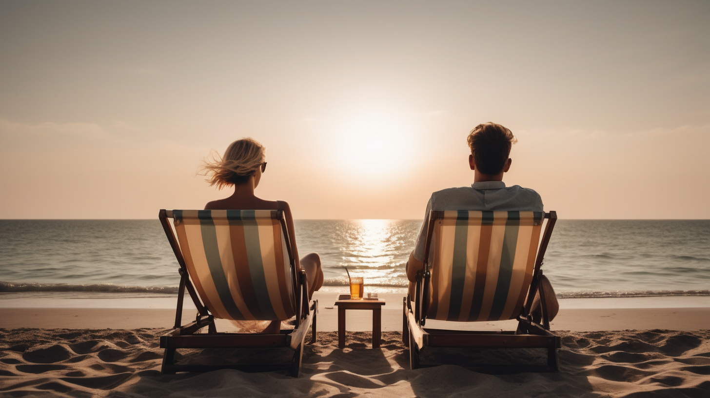The photo is taken in a beach. a man and a woman lying on two sun loungers watching the sunset over the see. the picture is taken from behind. it's just the two of them on an empty beach.. The lighting in the portrait should be dramatic. Sharp focus. A perfect example of cinematic shot. Use muted colors to add to the scene.