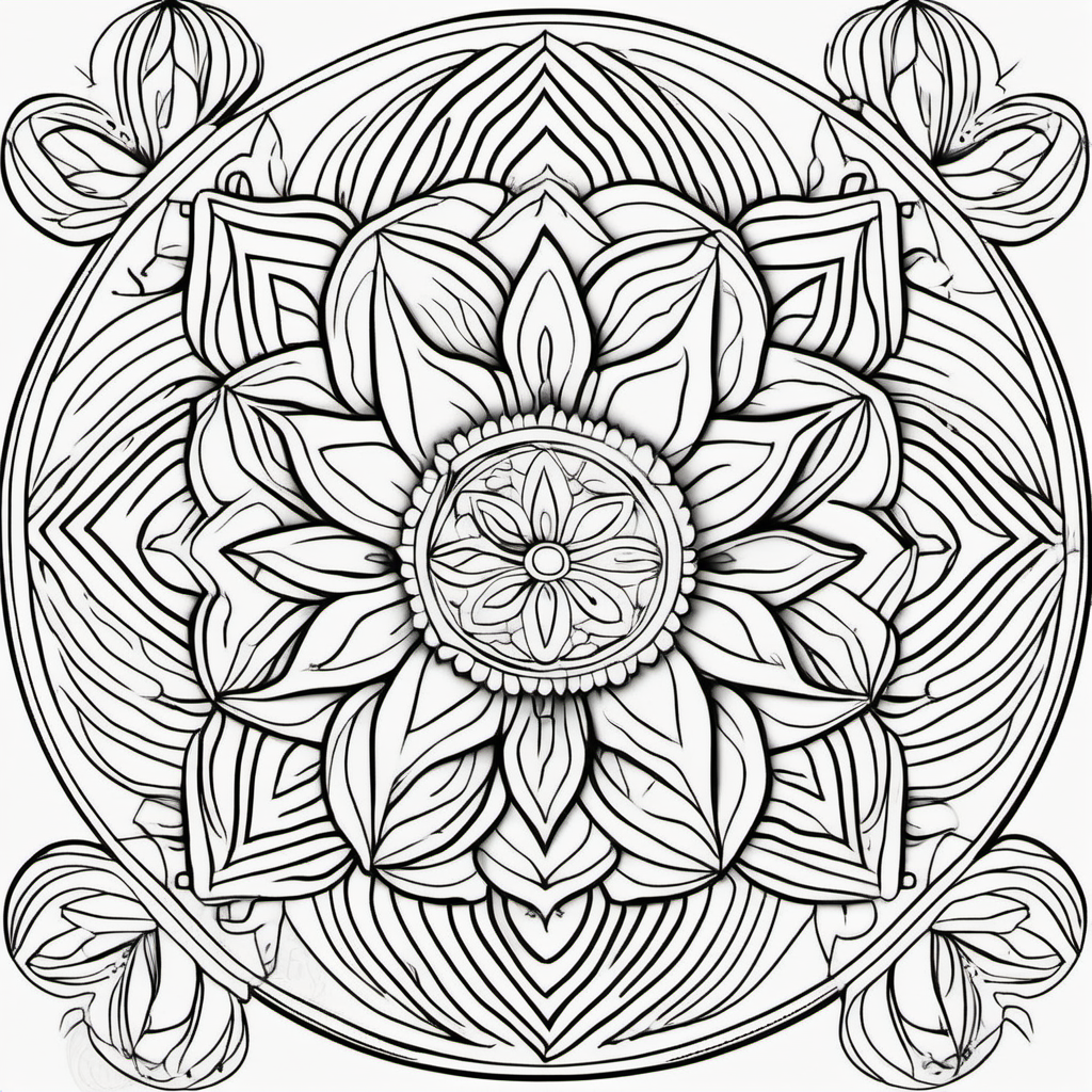 coloring page for adults, mandala for adults, unique floral mandala, thick lines, fit mandal in page, simple, line art, full length view –s 750 –v 5.1 --ar 2:3