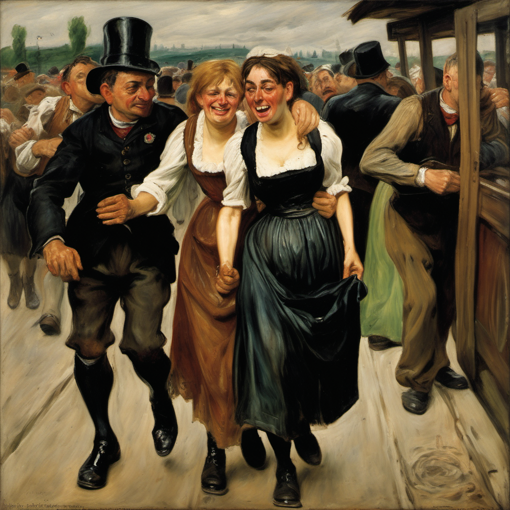 A drunk and crying young woman is being accompanied by a woman and a man to find her way out of Oktoberfest, Max Liebermann oil painting