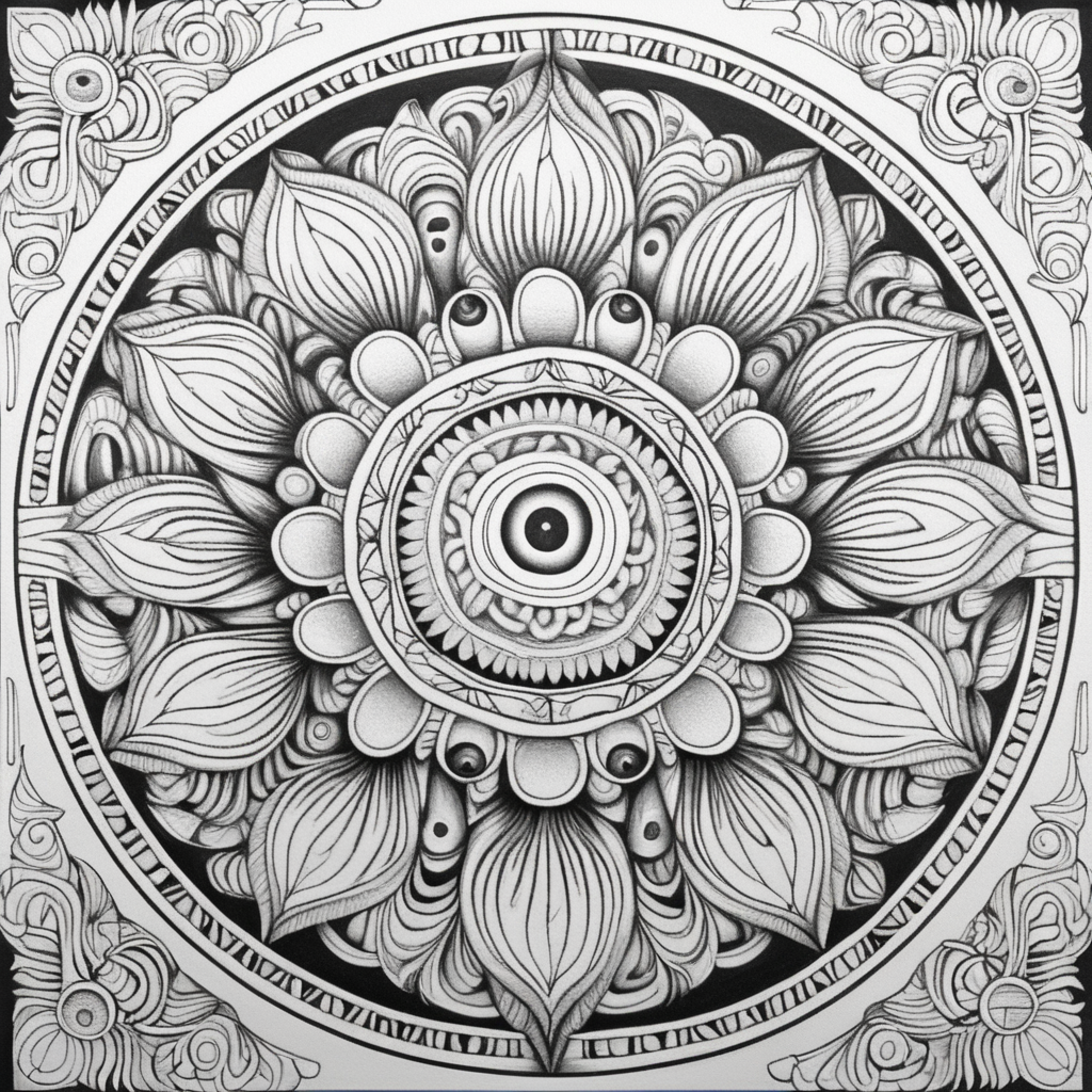 adult coloring book, black & white, clear lines, detailed, symmetrical mandala made of eyeballs