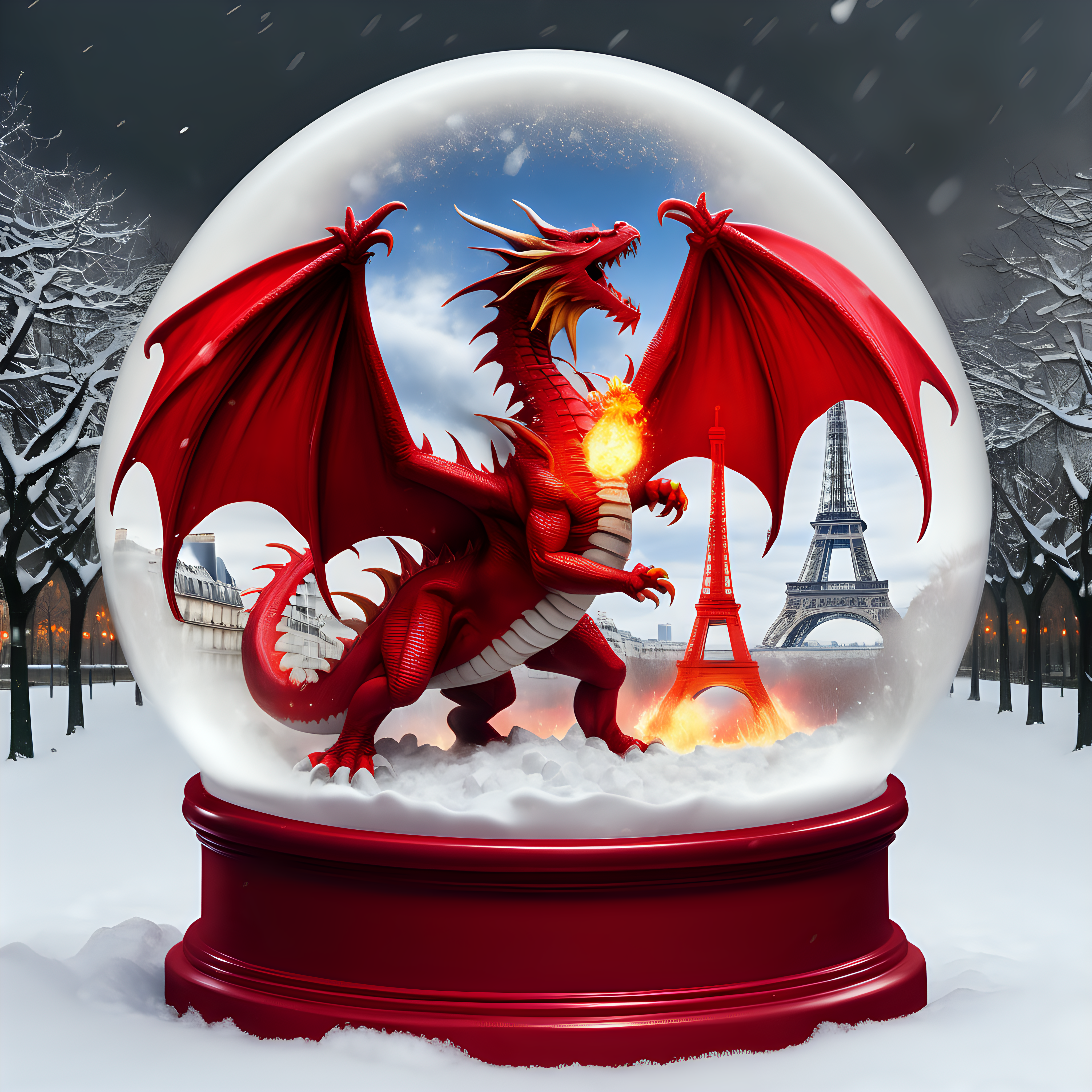 red 2 headed fire breathing dragon destroying Paris in a snow globe