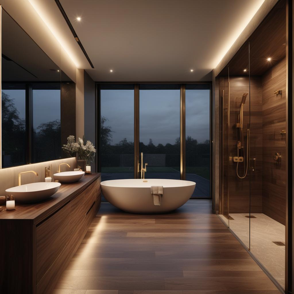 a hyperrealistic image of a contemporary home master bathroom; beige, brass, walnut wood colour palette; floor to ceiling windows; at night with mood lighting;
