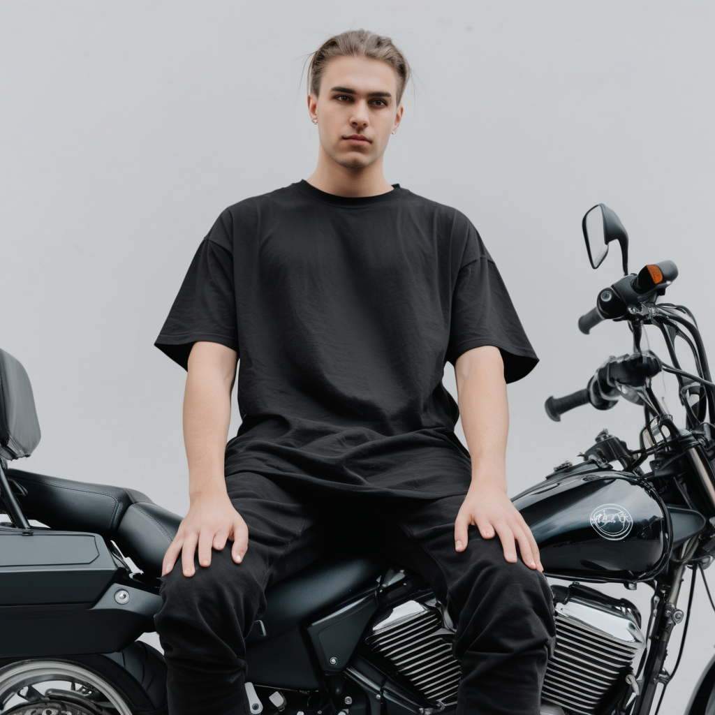 person sitting on motorycle bike showing front with oversized black t shirt that is blank