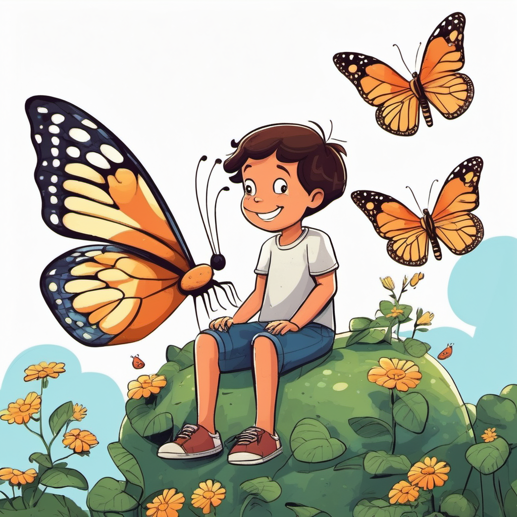 cartoon one boy and one girl enjoying sitting on top of a big butterfly