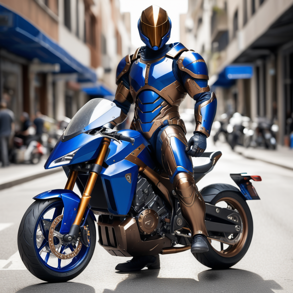 fit man, true blue and bronze metal armor suit,  true blue and bronze motorbike,  true blue and bronze tech mace, true brue and bronze tech shield, street, day