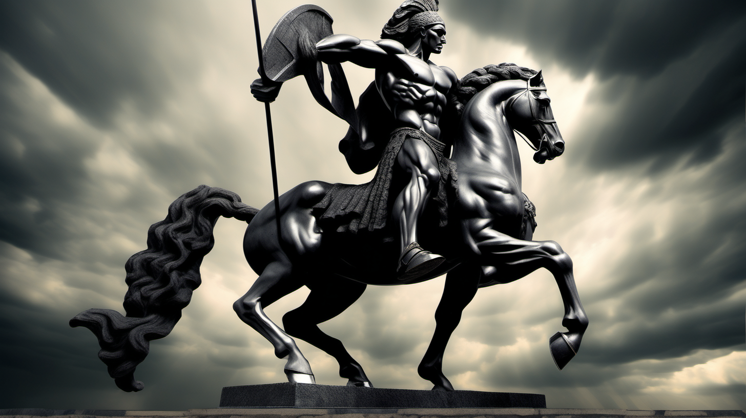 "Generate an evocative image depicting an ancient Greek-inspired black statue of a powerful and muscular horse man in full war dress. Convey a sense of strength, valor, and historical grandeur in this representation, capturing the essence of a timeless warrior from a rich cultural heritage." Also black cloudy heritage background.