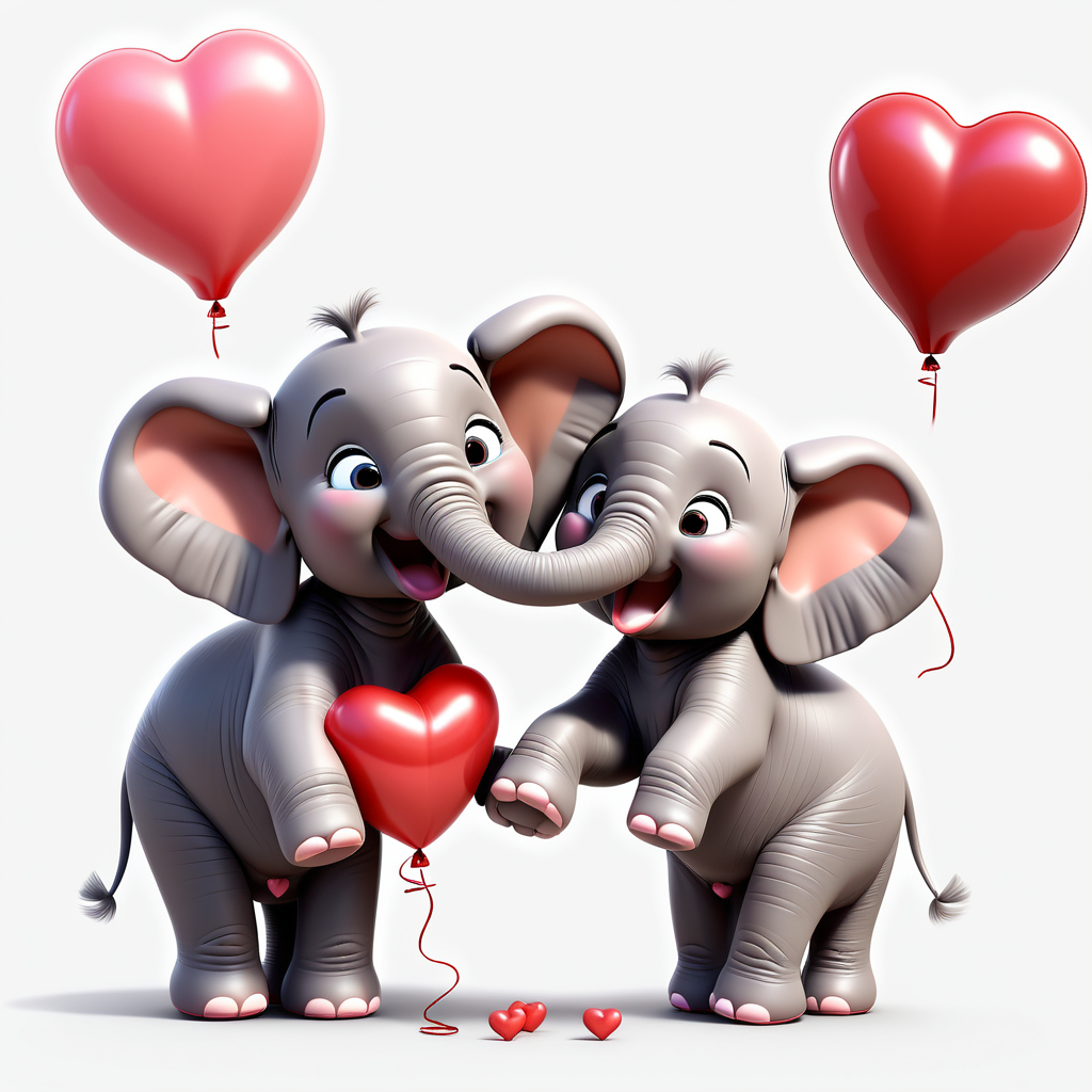 /envision prompt: "Adorable Pixar 3D Baby Elephant Couple" on a white background, holding heart-shaped balloons and sharing a loving gaze. Their expressions convey tender affection, and the overall scene radiates Valentine's warmth. --v 5 --stylize 1000