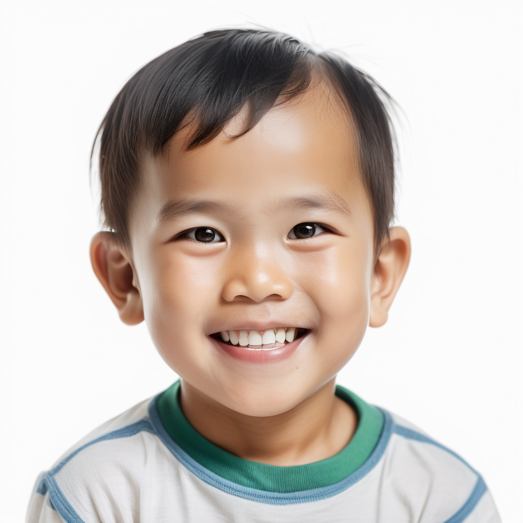 bílé pozadí_reálná tvář_dítě 3 roky_ kluk_Vietnam_charakteristický vzhled_kluk_usmívají se_je vidět celá hlava