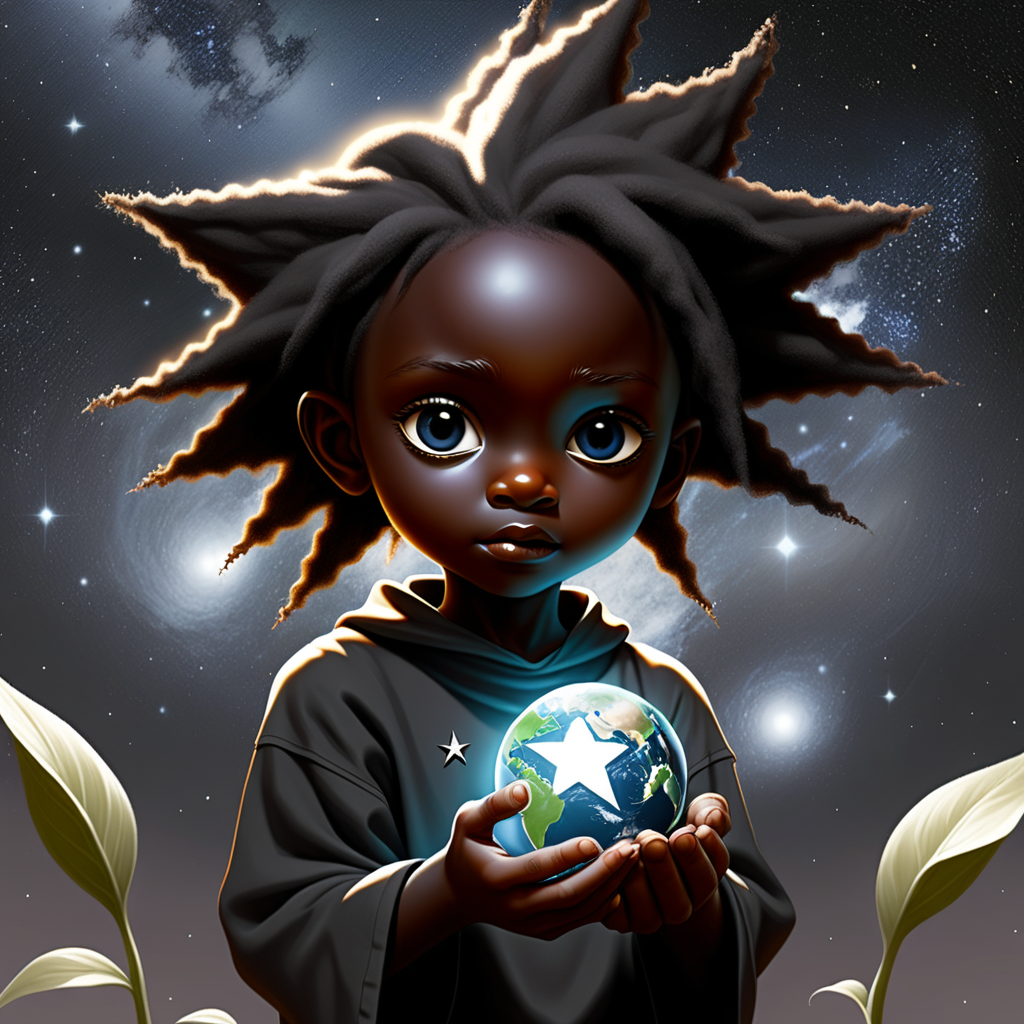 prompt a black star seed child helping the