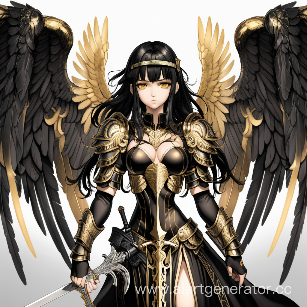 Архангел, девушка с ангельскими крыльями, большая грудь, черно золотой открытой одежде, с черными волосами, с грустным лицом, золотыми глазами, с мечом в руке. Аниме стиль