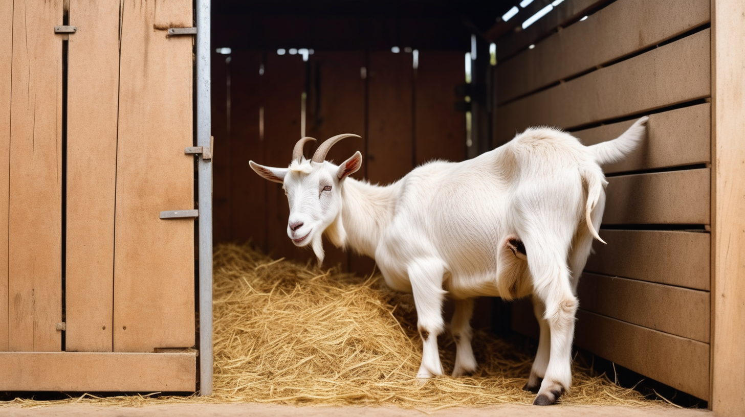 goat eat hay  in stall, modern farm, isolated on background