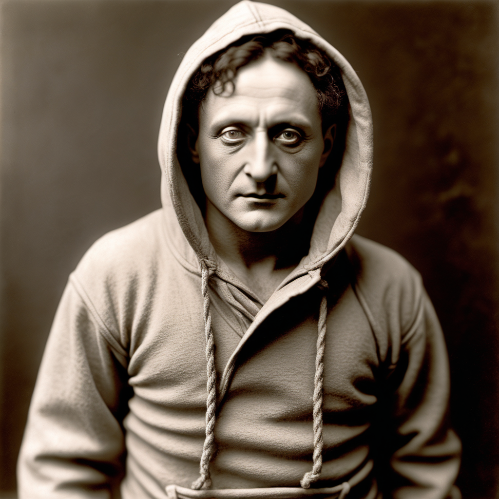 Harry Houdini (the escape artist) wearing a hoodie