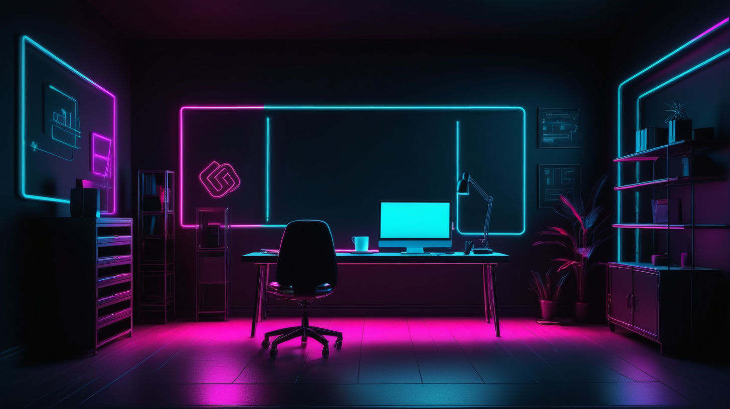 Dark minimalistic neon light room with some furniture background for cybersecurity hacker online course