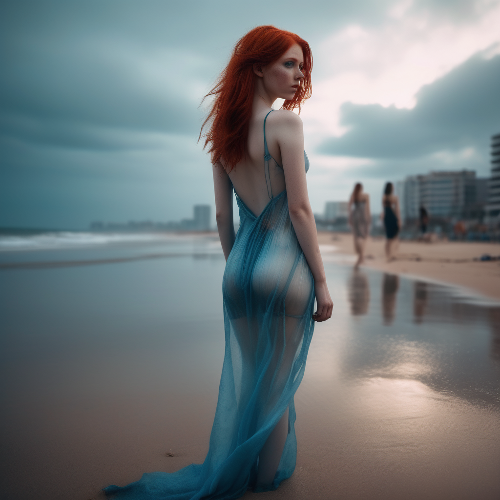 A photo of a cyberpunk beach. Only one girl is standing, She has her back to the camera and turns her head looking towards the camera. The girl is wearing a long Translucent alluring dress that reveals her body curves. a short blue dress what is made of a fabric which allows her skin to be seen through. redhead straight hair. She is looking back at the viewer with a sugestive look (almost inviting us to be there). The lighting in the portrait should be dramatic. Sharp focus. A perfect example of cinematic shot. Use muted colors to add to the scene.