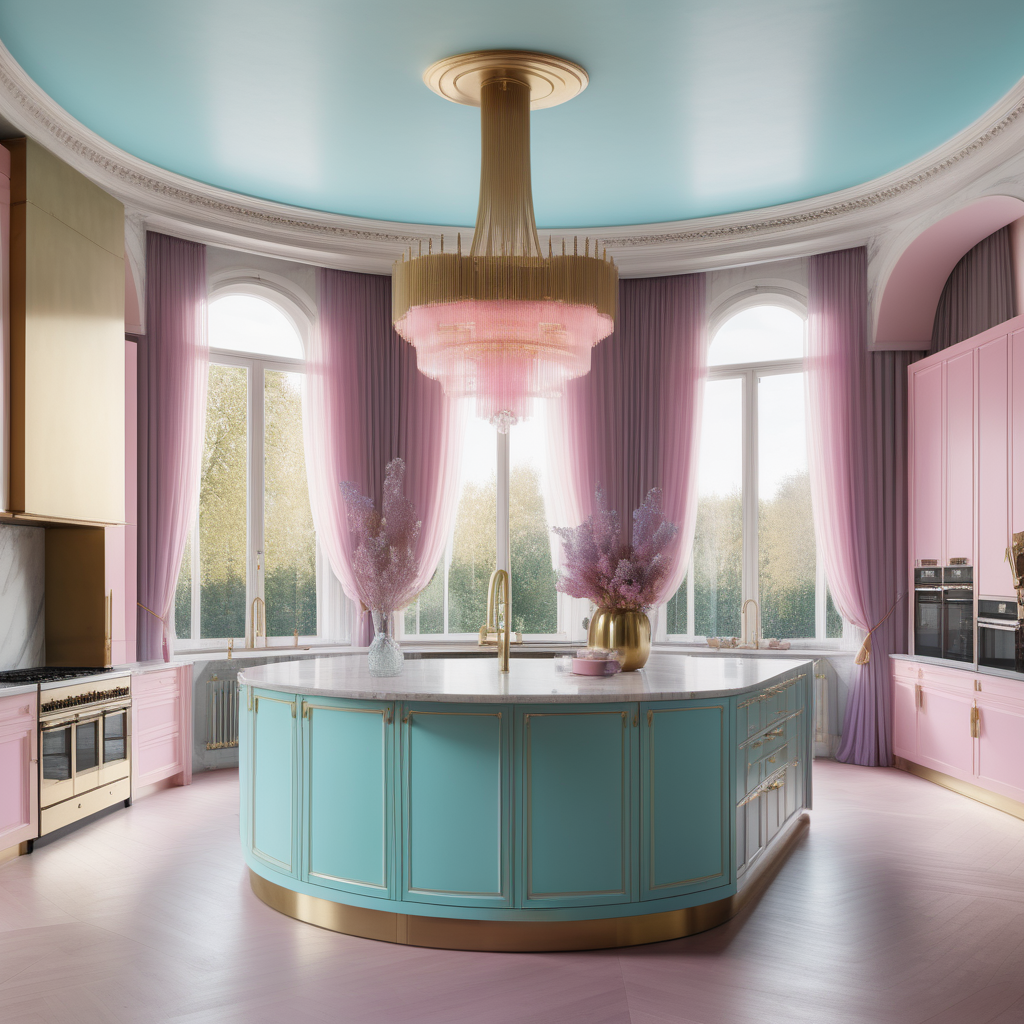 hyperrealistic image of large modern Parisian kitchen with island, floor to ceiling windows, curves, cyan, ivory, pink, lilac and brass colour palette, brass chandelier, sheer curtains