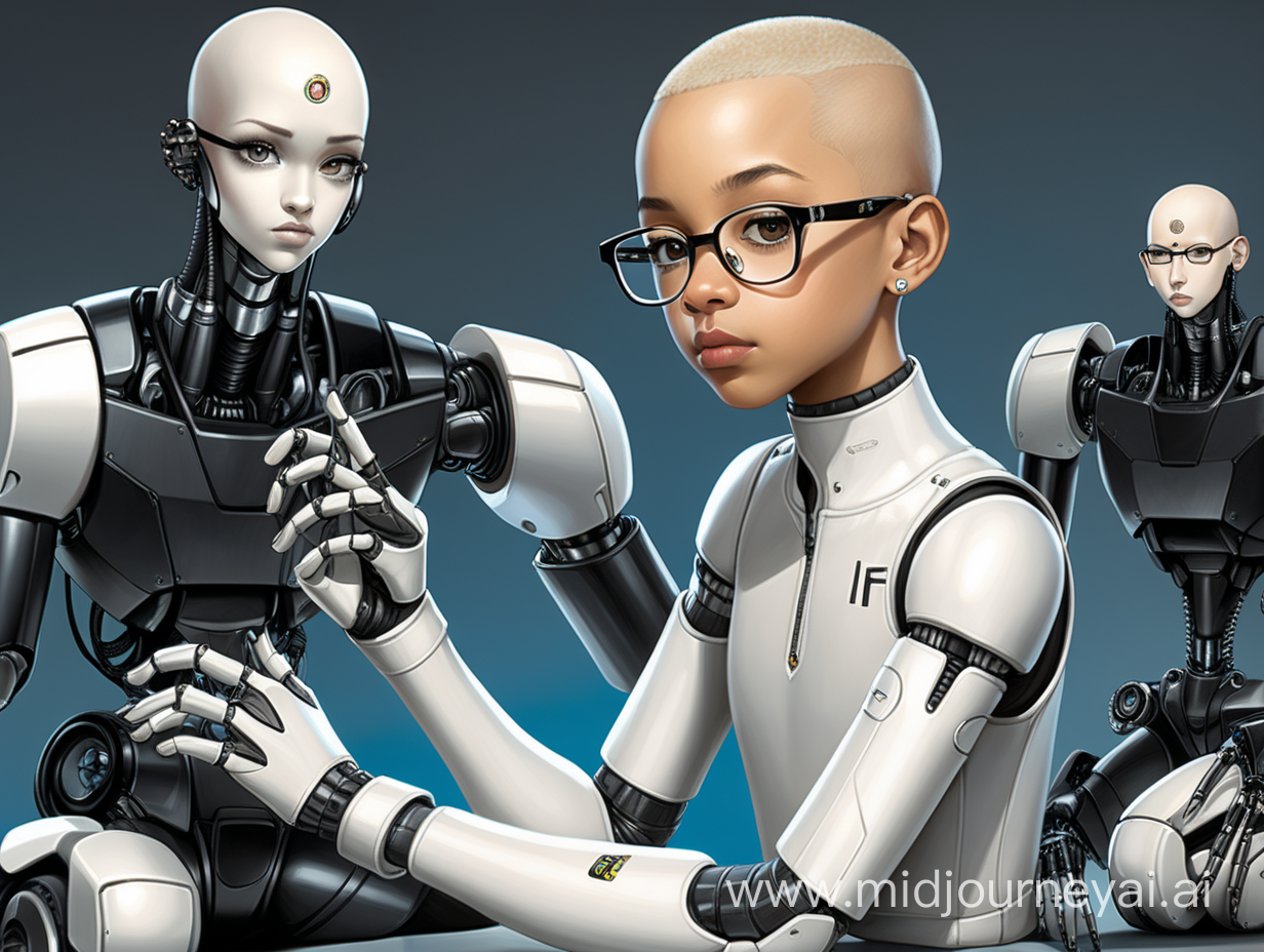same mixed-race girl as first image with a bleach blond shaved head, wearing large black-rimmed glasses, 12 years old, with a futuristic prostetic arm, sitting in the "Thinking Man" pose She is being studies by robots looking at her 