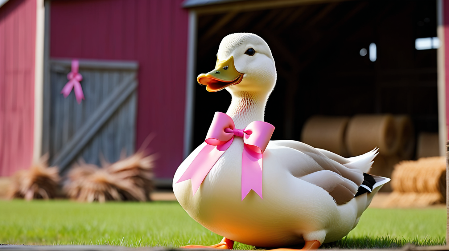  duck with pink ribbon around its neck. Background is barn.