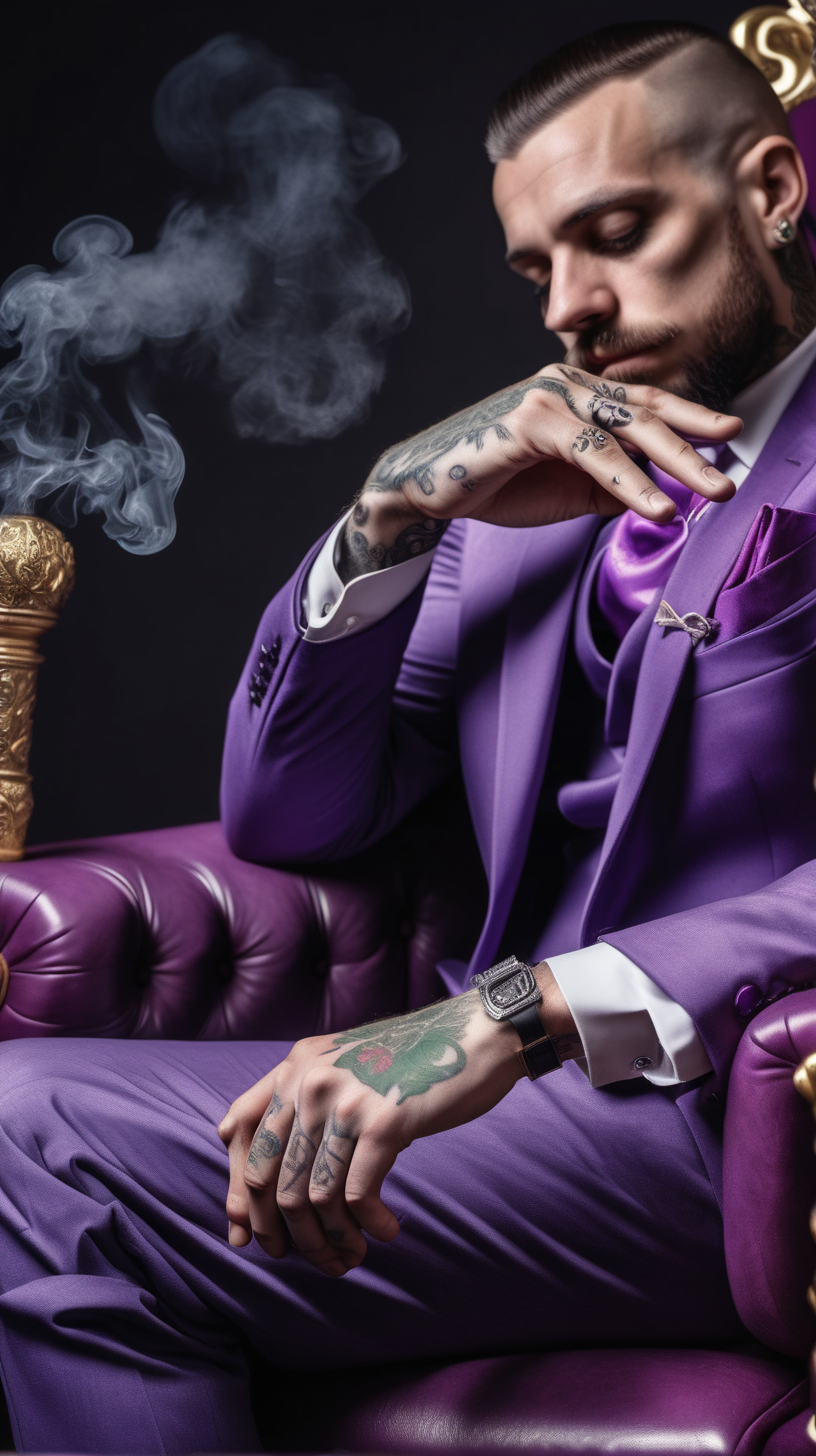 mans tattooed hand and knuckles, resting on arm of throne, holding a joint in a purple suit. marijuana cigarette in hand, joint in hand, smoke. throne armrest
