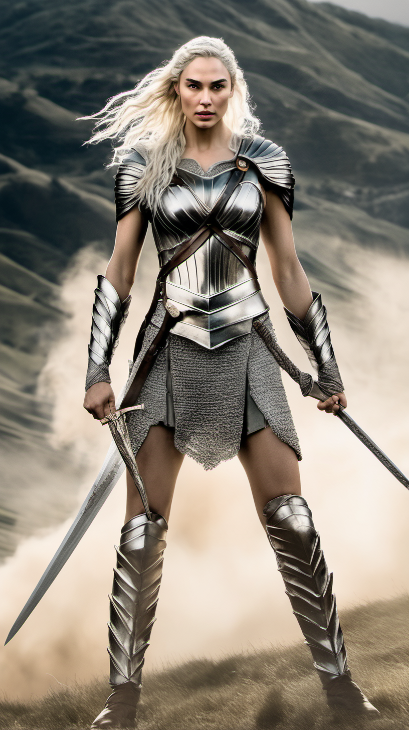 Gal Gadot, with platinum blonde hair in warrior braids, wearing full-body silver armor with a sword in Lord of the Rings