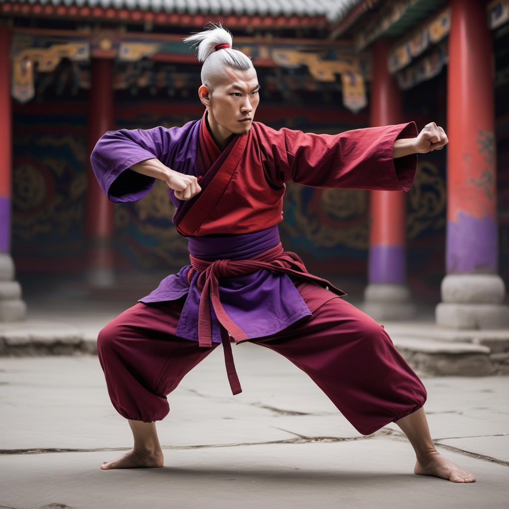 fit Tibetan monk, red and purple, white hair top knot ponytail, fighting stance marital arts, underground