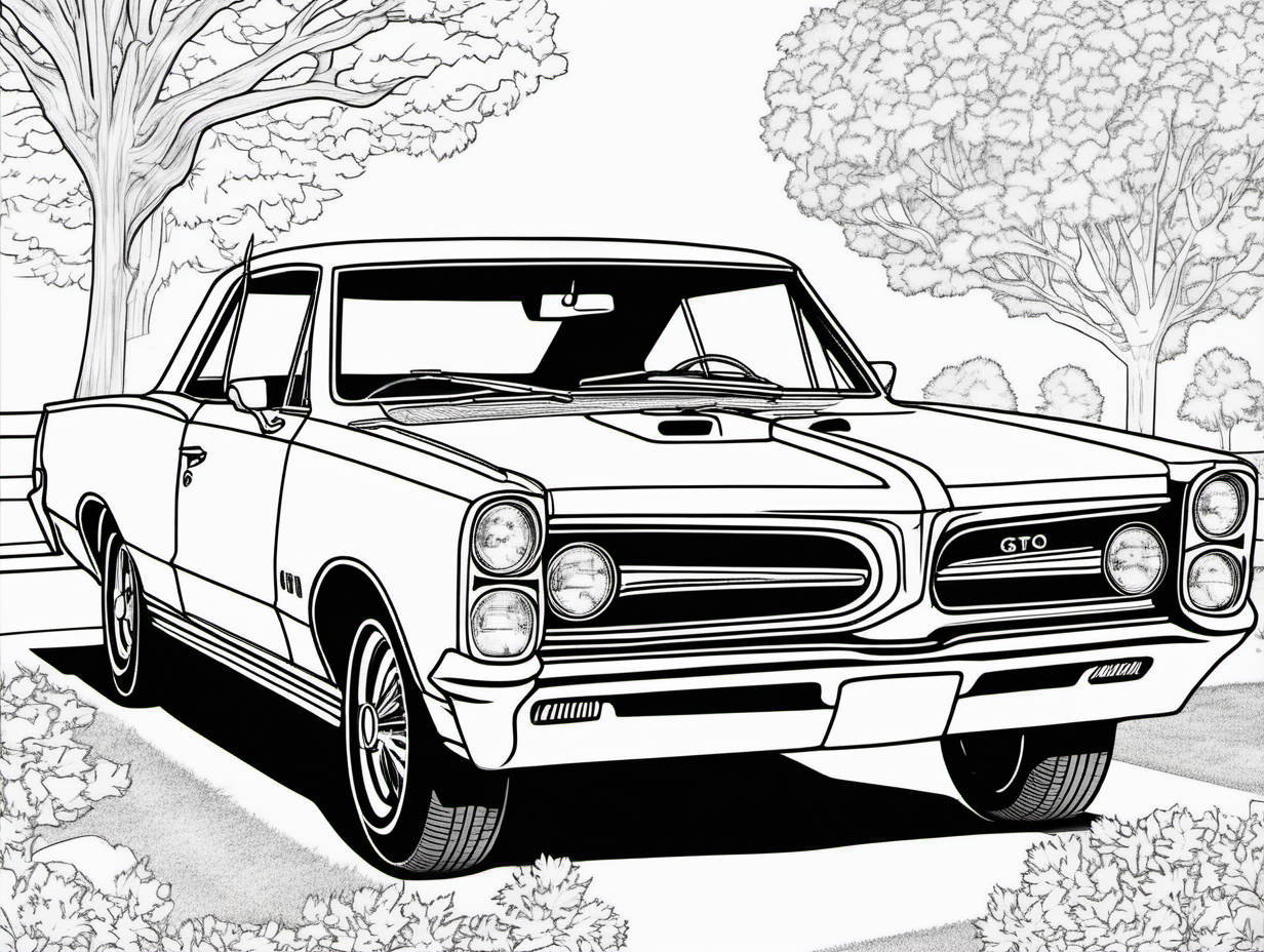 coloring page, classic American automobile, 1964 Pontiac GTO, clean line art, no shade