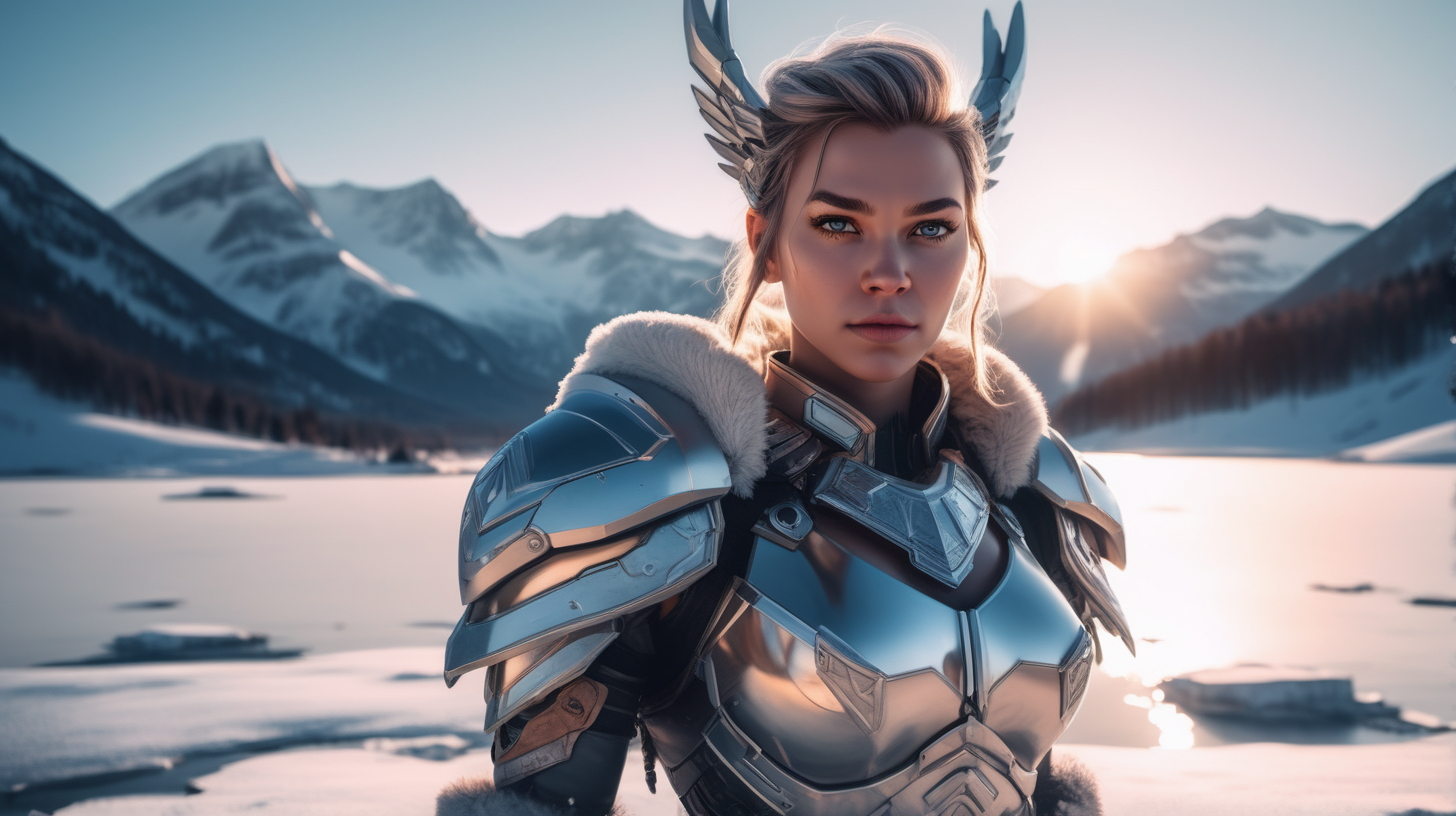 the photo is taken in snowy landscape with ice lake and mountains in the distance sunset. a cyborg cute valkyrie looking camera. Sharp focus. A ultrarealistic perfect example of cinematic shot. Use muted colors to add to the scene.