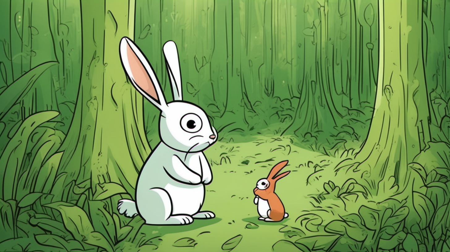 a sad cartoon rabbit in a green jungle.